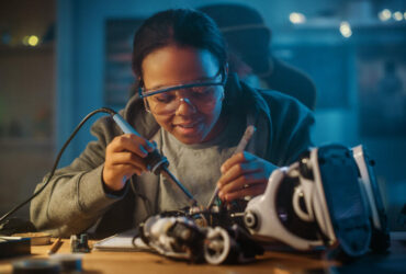 Young Teenage Multiethnic Schoolgirl is Studying Electronics and Soldering Wires and Circuit Boards in Her Science Hobby Robotics Project. Girl is Working on a Robot in Her Room. Education Concept.